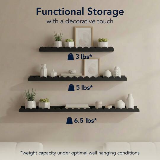 American Art Decor Matte Black Scallop Wood Floating Wall Shelf Set